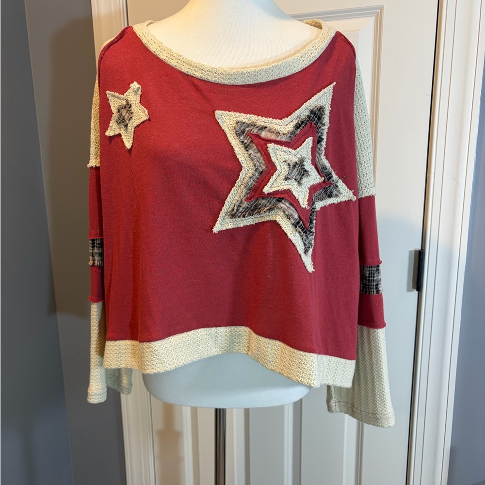 POL Cream and Red Knit Top